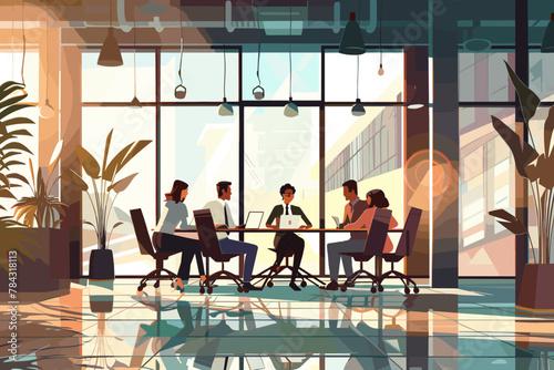 Diverse business team collaborating on project in modern office conference room