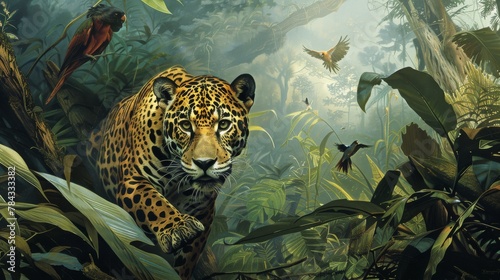 This atmospheric image captures a leopard moving gracefully through a foggy jungle, evoking a sense of mystery