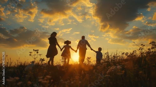 In the general plan, against the background of the sunset sky, silhouettes of a family with two young children move from left to right, everyone holds hands and merrily walks and leaves the frame