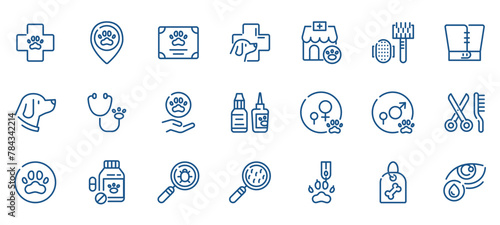 Pet Care and Veterinary Services Icons. Outline Vector Set for Vet Clinic, Animal Health, Dog Grooming and Emergency.