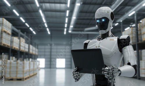 AI cyborg robotic technology in warehouse with cyber worker holding laptop against light contemporary parcel delivery center background with shelves and cardboard packages