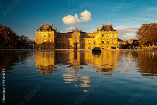 Scenic Luxembourg Palace and the Grand Bassin in Paris, France