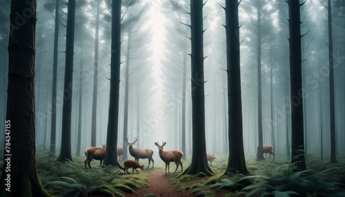 A serene scene captures deer calmly grazing among towering trees in a fog-filled forest, emanating a mystical ambiance.