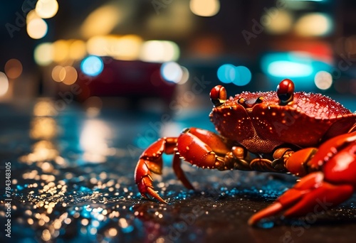 AI-generated illustration of a crab sitting on a wet sidewalk under lights during rain