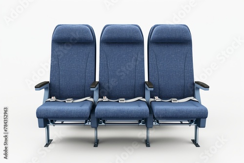 Three blue fabric airplane seats with seat belts isolated on a white background, symbolizing travel and transportation.