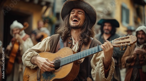 Smiling bard with lute - Smiling medieval minstrel with long hair and wearing hat singing in the str