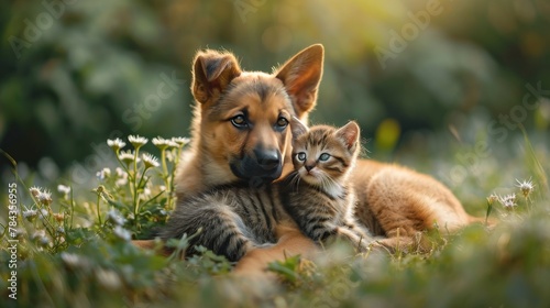 a dog and cat are laying together in the grass under the trees