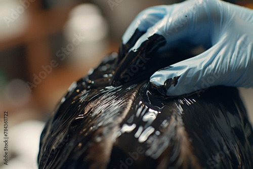 A focused image of precise hair coloring application in a salon, with a gloved hand applying dye, perfect for hairstyling and beauty technique exploration. 