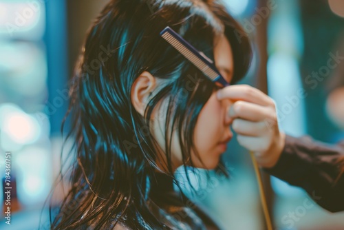 A stylist meticulously combs through a client's wet hair, an image suitable for tutorials on haircutting and the precision required in hair styling. 