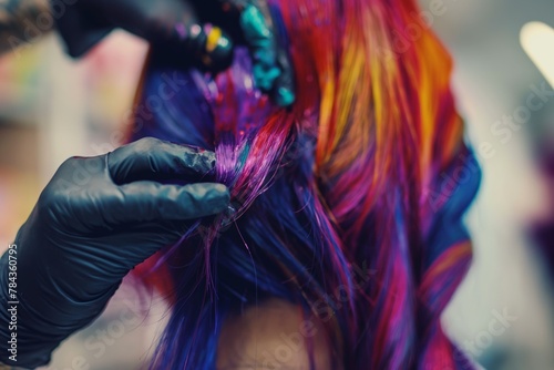 Capturing the dynamic process of applying multicolored dye to hair, this image is ideal for creative beauty and vibrant hairstyling concepts. 