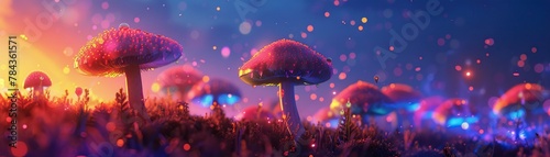 Glowing Fungi, Floating Spores, Skyborne organisms in a neon sky, Electric storm, Realistic Image, Golden Hour, Chromatic Aberration, Silhouette shot