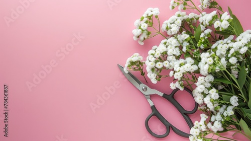 Alyssum flowers and gardening pruning shears in a top view on a pink surface - copy space