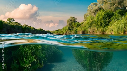 Beautiful underwater algae and lush tree-lined waterside scenery, AI-generated.