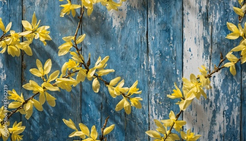 yellow forsyth flowers against a wooden wall, overhead with the bright blue weathered planked