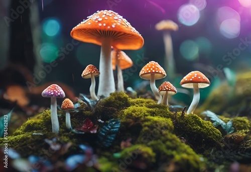 AI generated illustration of mushrooms on mossy green field in forest