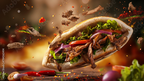 fresh grilled beef turkish or chicken arabic shawarma doner sandwich with flying ingredients and spices hot ready to serve 