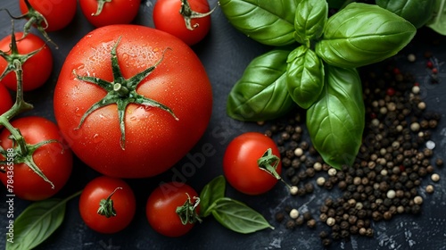 AI generated illustration of fresh tomatoes, peppers and basil leaves
