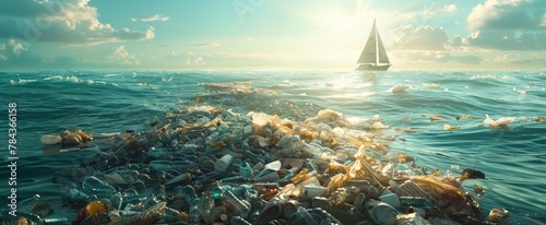 Plastic rubbish floats in the vast ocean, putting harsh visual to the ecological catastrophe we are grappling with.