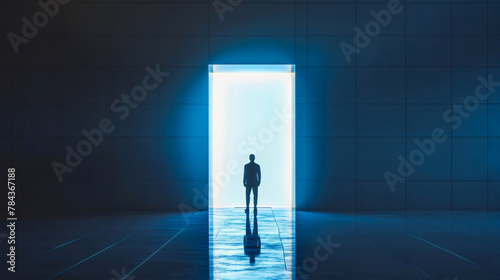 Back rearview silhouette of a businessman standing in front of a big blue glowing light door in an empty room. Future opportunity and dream of success concept, enter alone into mystery career choice 