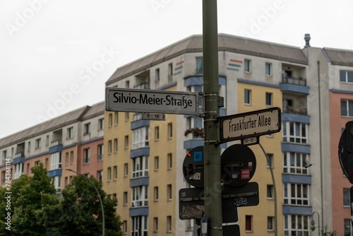Road sign of Frankfurter Alley and Silvio Meier Strasse streets in Berlin, Germany