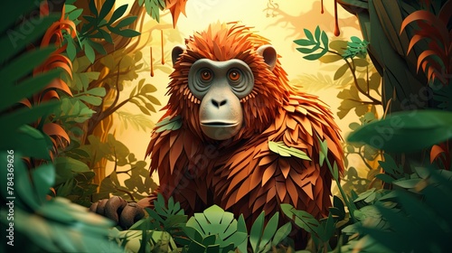 3D-rendered minimalist paper-cut scene of an orangutan in a tropical tree, blurred jungle background,