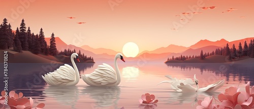 3D render of a serene lake scene with swans, paper-cut style, minimalist design,