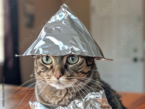 Con ojos traviesos brillando bajo un improvisado sombrero de aluminio, este gato atigrado se convierte en un adorable enviado de la extravagancia, adoptando una pose que es a la vez cómica y curiosa.