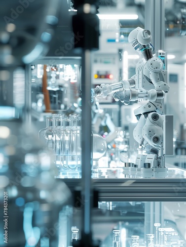 Un brazo robótico maniobra con precisión clínica entre viales y tubos de ensayo, un testimonio de la sinergia de vanguardia entre tecnología y ciencia en un laboratorio moderno.