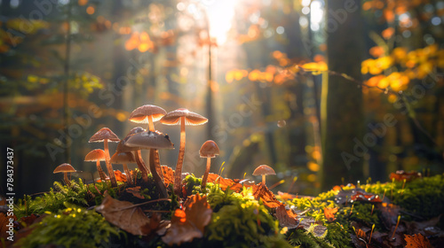 Array of mushrooms flourishing in the serene forest environment