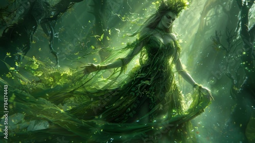 A woman with a green dress and a crown is standing in a forest. The image has a fantasy and mystical feel to it