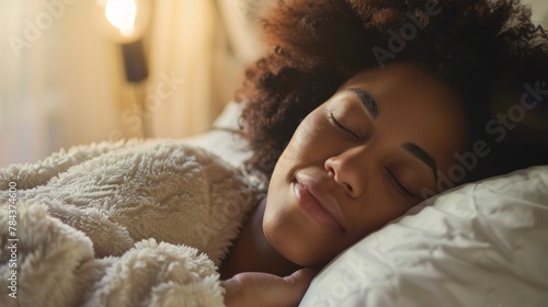 A woman is sleeping on a bed with a white pillow. She is smiling and she is in a relaxed state
