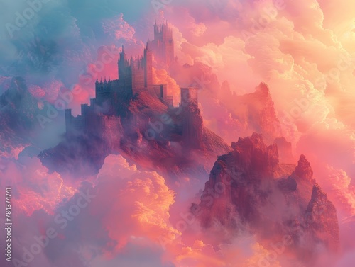 A castle is built on a mountain with a pink sky in the background. The castle is surrounded by clouds and the sky is filled with a warm, dreamy atmosphere