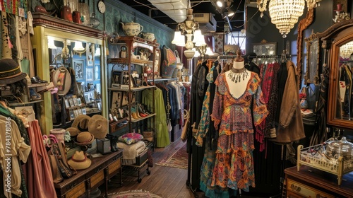 Art deco thrift shop, featuring 1920s and 1930s decor items and fashion, elegant and nostalgic atmosphere, --ar 16:9