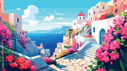 Bright colored flowers spill over the walls of Oia