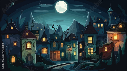 Bright moon village .. 2d flat cartoon vactor illustration