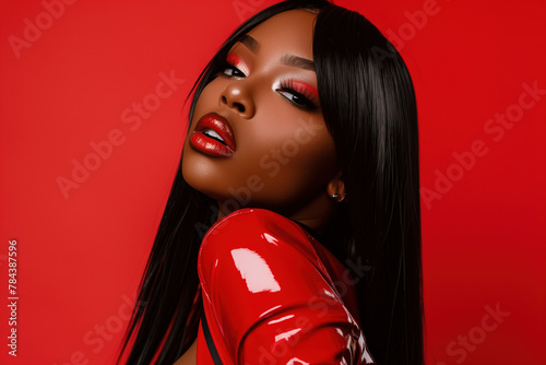 Glamorous portrait of an African American woman with red eyeshadow and glossy latex fashion.
