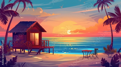 Summer tropical landscape with bungalows on the ocean beach. Table and chairs on the balcony at sunset