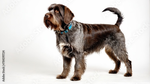  A tight shot of a black-and-brown dog wearing a blue collar against a pristine white backdrop