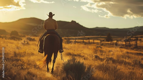 cowboy riding horse across country, concept of wild west and western