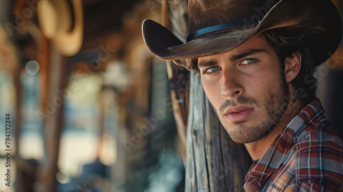 young handsome cowboy in hat, looking serious; concept of wild west and western