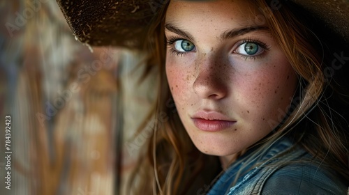 pretty young cowgirl in hat closeup, rancher posing in the country, concept of wild west and western
