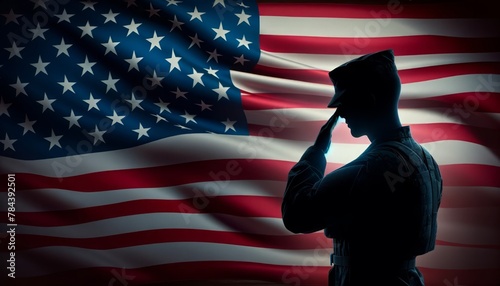 A soldier salutes the American flag. The flag is red, white, and blue,Memorial Day.