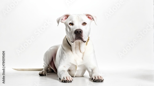  A large white dog sits atop a pristine white floor, adjacent to a black-and-white canine portrait