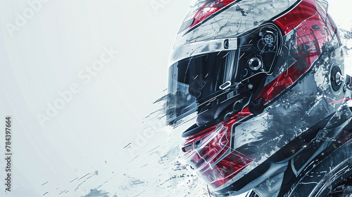 A close up of a red and white race car driver's helmet with a white background.