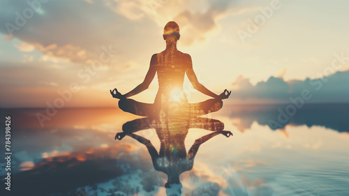 A silhouette of a woman sitting in a yoga pose with a sun and forest background