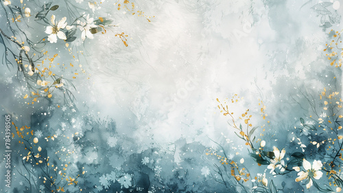A soft blue watercolor background with delicate white and gold flowers and branches.