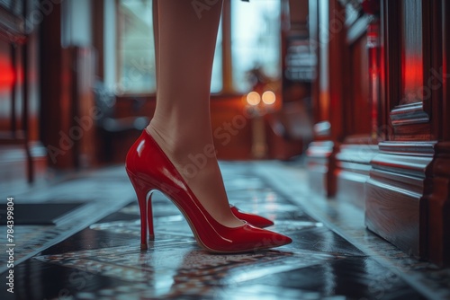 Woman's legs in red stiletto shoes in an elegantly designed vintage hallway