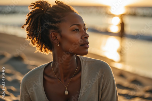 Entspannte junge afroamerikanische Frau genießt die warme Sonne am Strand im goldenen Licht