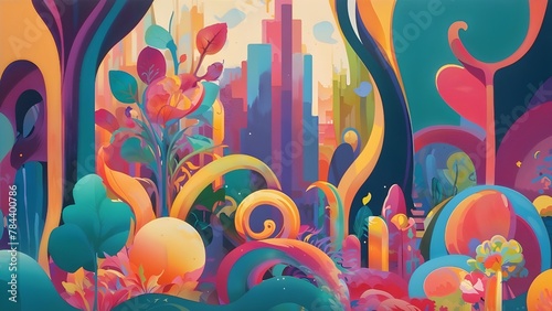 Fantasy urban garden overtaking a city in the background. For print, design, and fabric.