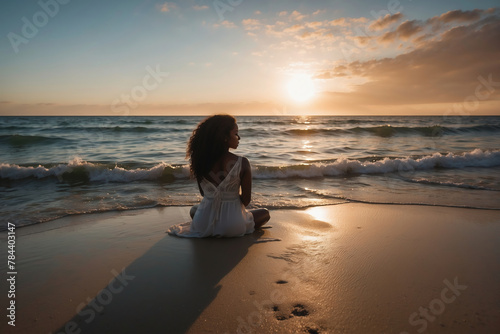 Farbige Frau umgeben von beruhigenden Meeresgeräuschen, entspannt sich im Sonnenlicht am Strand